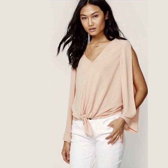 Rachel Roy Cold-Shoulder Slit Sleeves Tie Front Blouse Top, XS Blush Peach - Picture 1 of 11